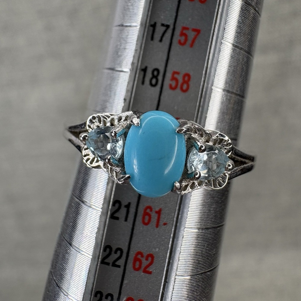 Sterling Silver‎ Turquoise and Aquamarine Three Stone Ring Size 9 925 Filigree